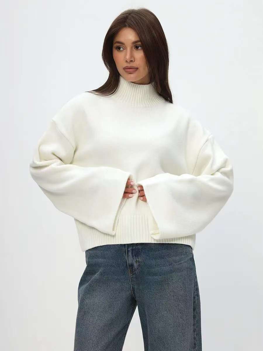 Damen Pullover Grobstrick Stehkragen Voluminöse Ärmel Eveloria