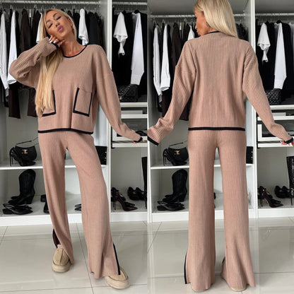 Damen Strick-Loungewear-Set mit Taschen Kontrast-Abschlüsse Grau