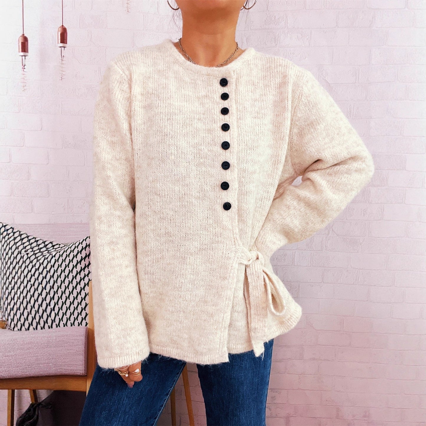 Damen Strickpullover mit Knoten und Knöpfen