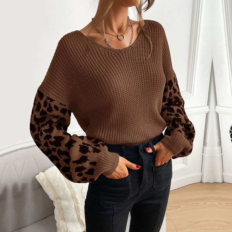 Damen Strickpullover Animal-Print Ärmel