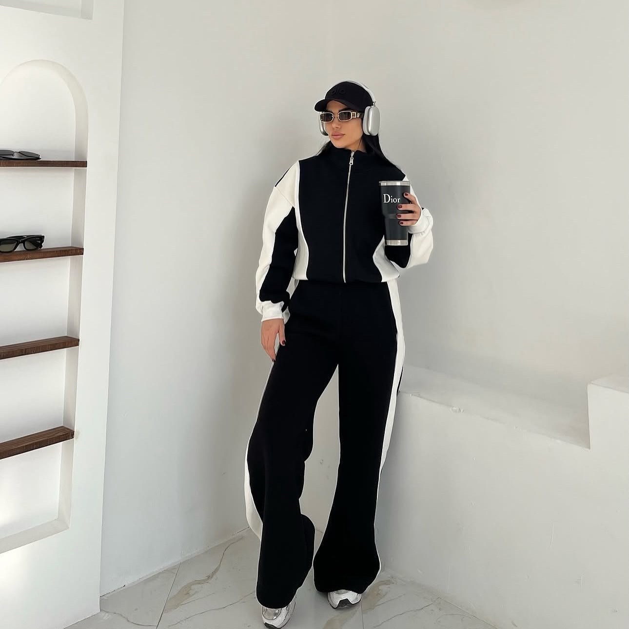 Damen Sportliches Loungewear-Set Hochkragen Kontraststreifen
