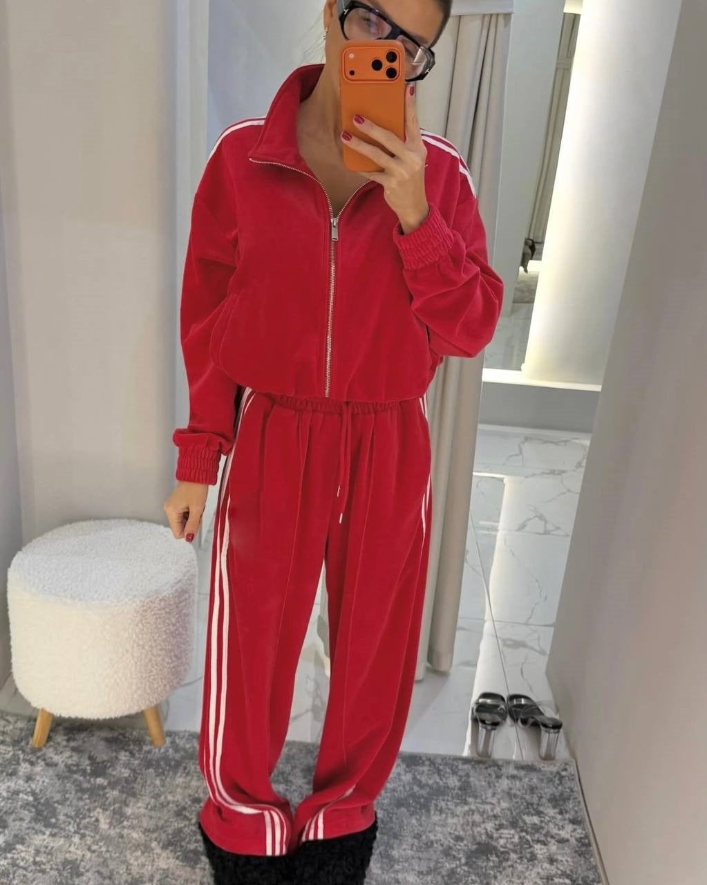 Damen Velours Jogginganzug Elastischer Bund Hochgeschlossener Kragen
