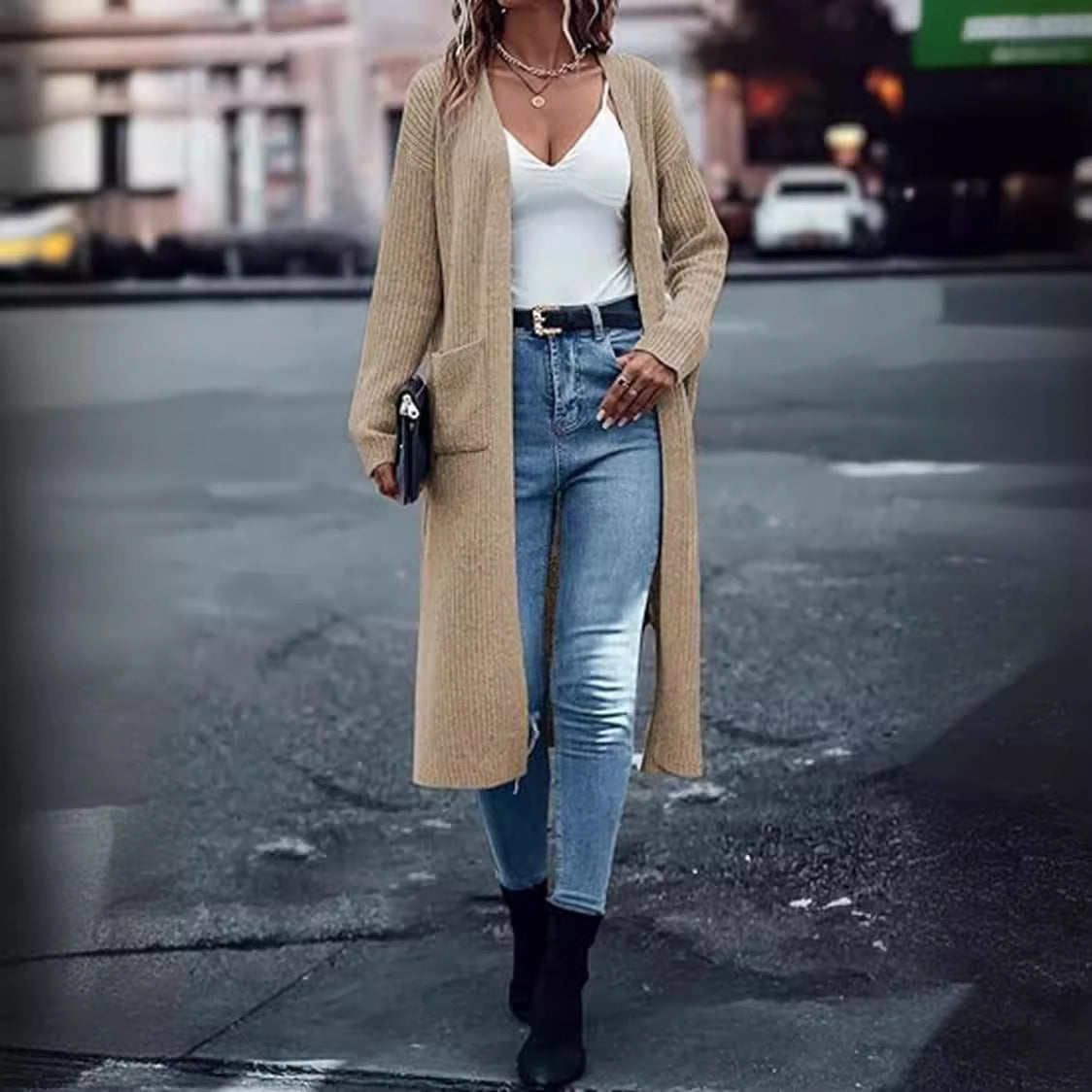 Damen Grobstrick-Cardigan Offene Taschen Lässiger Schnitt Beige