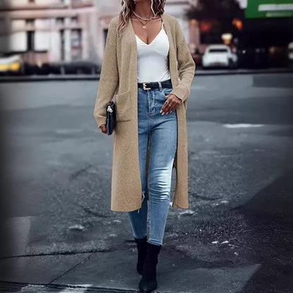Damen Grobstrick-Cardigan Offene Taschen Lässiger Schnitt Beige