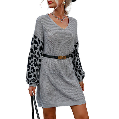 Damen Strickkleid Leopardenmuster V-Ausschnitt
