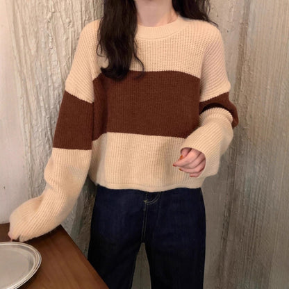 Damen Grobstrickpullover Modernes Farbblockdesign