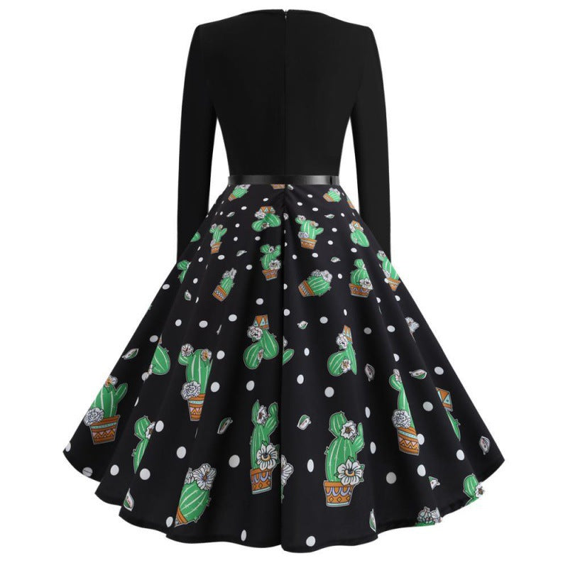Damen Swingkleid Florales Kaktusdesign Ausgestellter Rock Eveloria