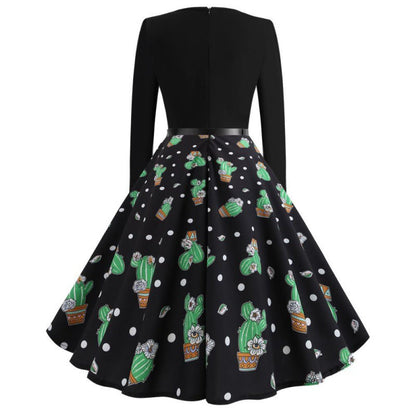 Damen Swingkleid Florales Kaktusdesign Ausgestellter Rock Eveloria