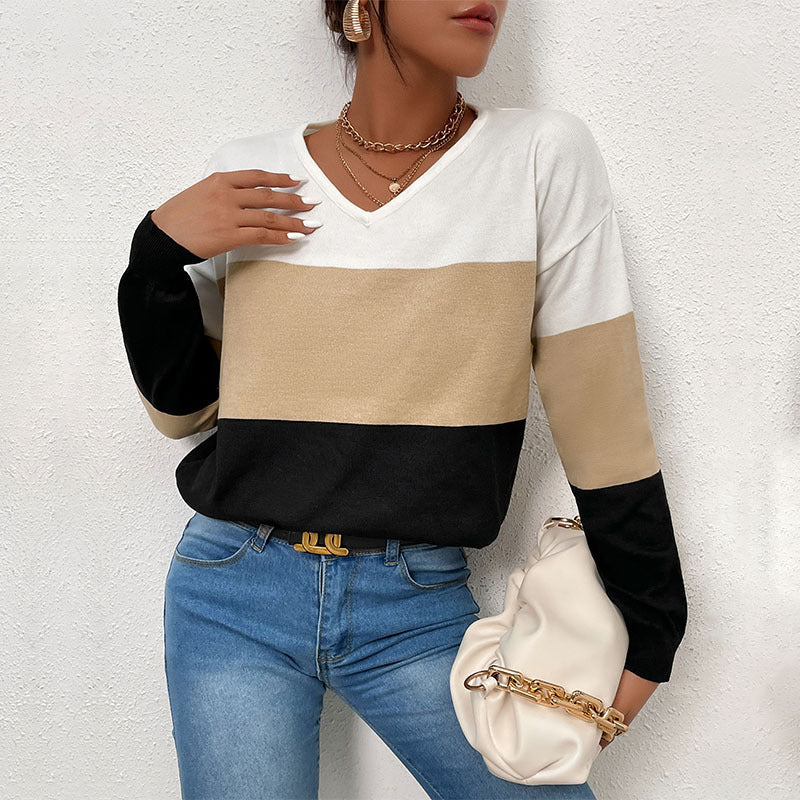 Damen Pullover V-Ausschnitt Farbblock-Design Eveloria