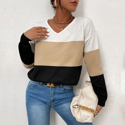 Damen Pullover V-Ausschnitt Farbblock-Design Eveloria