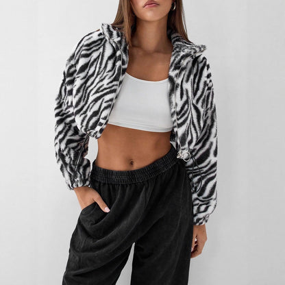 Damen Fleecejacke Cropped Zebra-Design Elastisch Schwarz - Eveloria