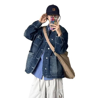 Damen Denim-Jacke Modisch Große Taschen Blau Eveloria