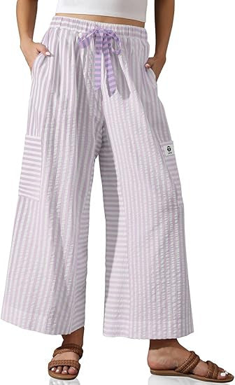 Damen Palazzo-Hose Gestreift Bequem Mit Taschen weiß