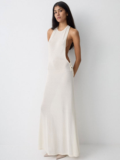 Damen Seidenkleid Lang Elegant Schleifen