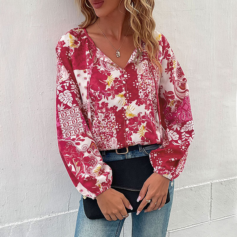 Damen Blusenshirt Florales Muster Lässig Weiße Bluse