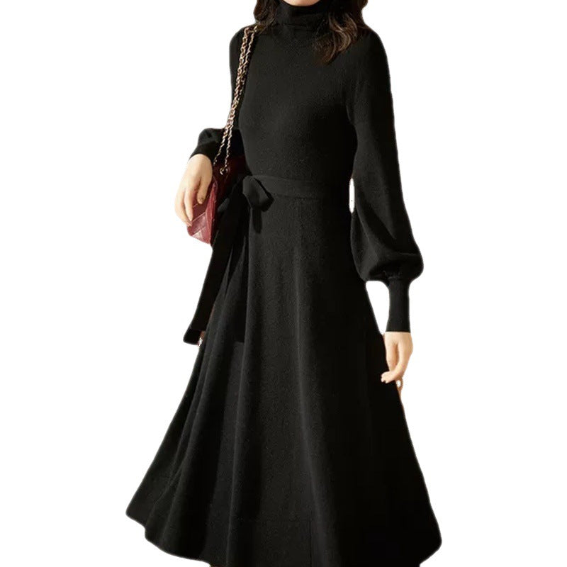 Damen Strickkleid Hohler Kragen Taillierter Gürtel