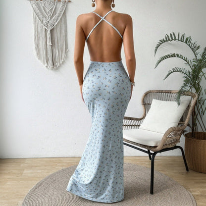 Damen Maxikleid Blumenmuster Spaghettiträger Eveloria