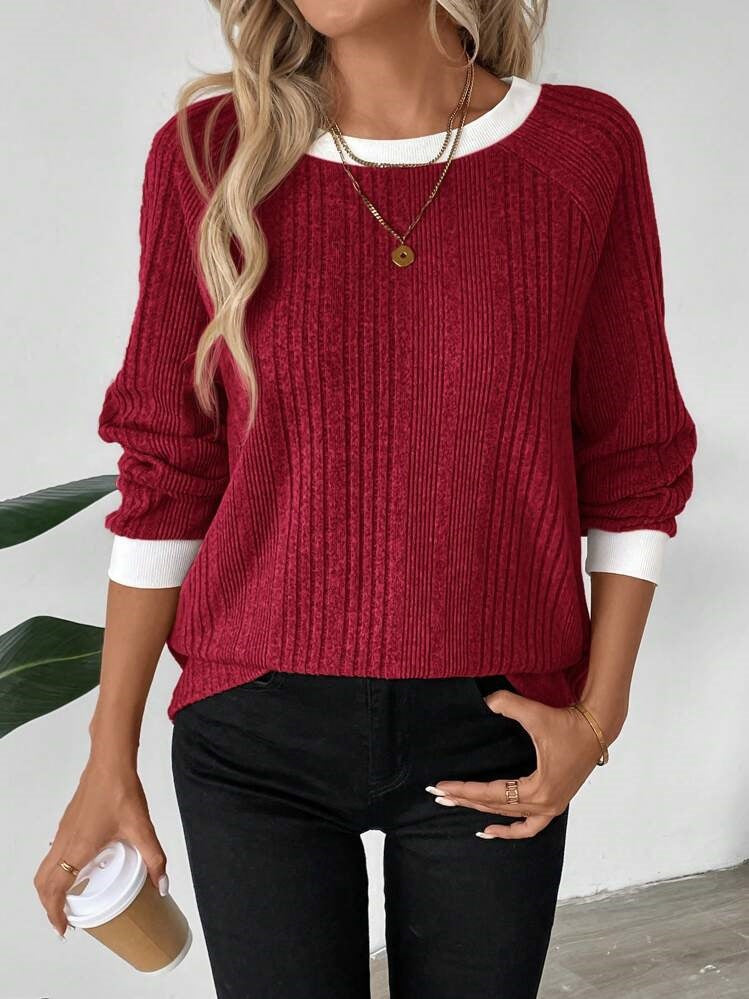 Damen Pullover Rippenstrick Kontrastbesatz Beige