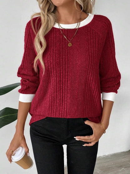 Damen Pullover Rippenstrick Kontrastbesatz Beige
