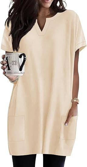 Damen Tunika-Kleid V-Ausschnitt Taschen Eveloria