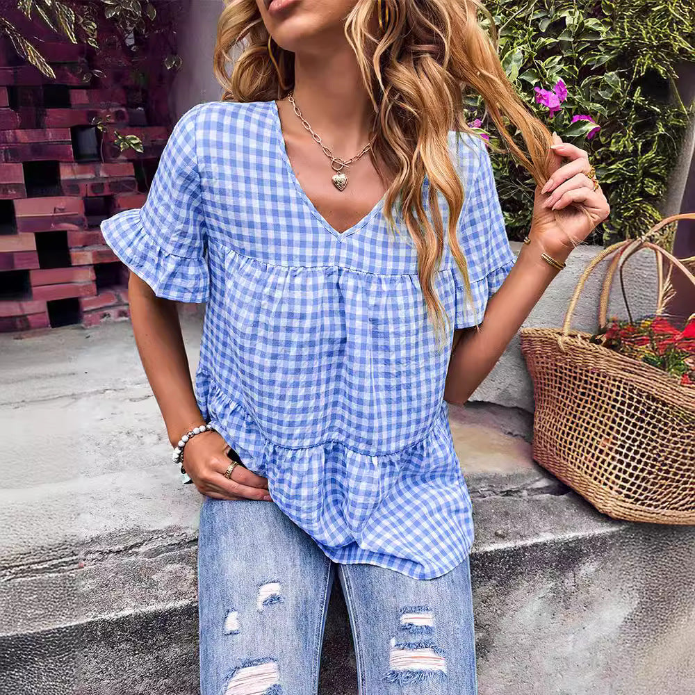 Damen Bluse V-Ausschnitt Rüschenärmel Eveloria