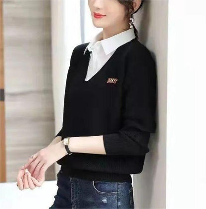 Damen Pullover V-Ausschnitt Hemdkragen Eveloria