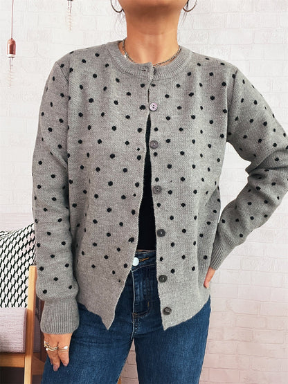 Damen Strickjacke Modern Punkte Knopfleiste Grau