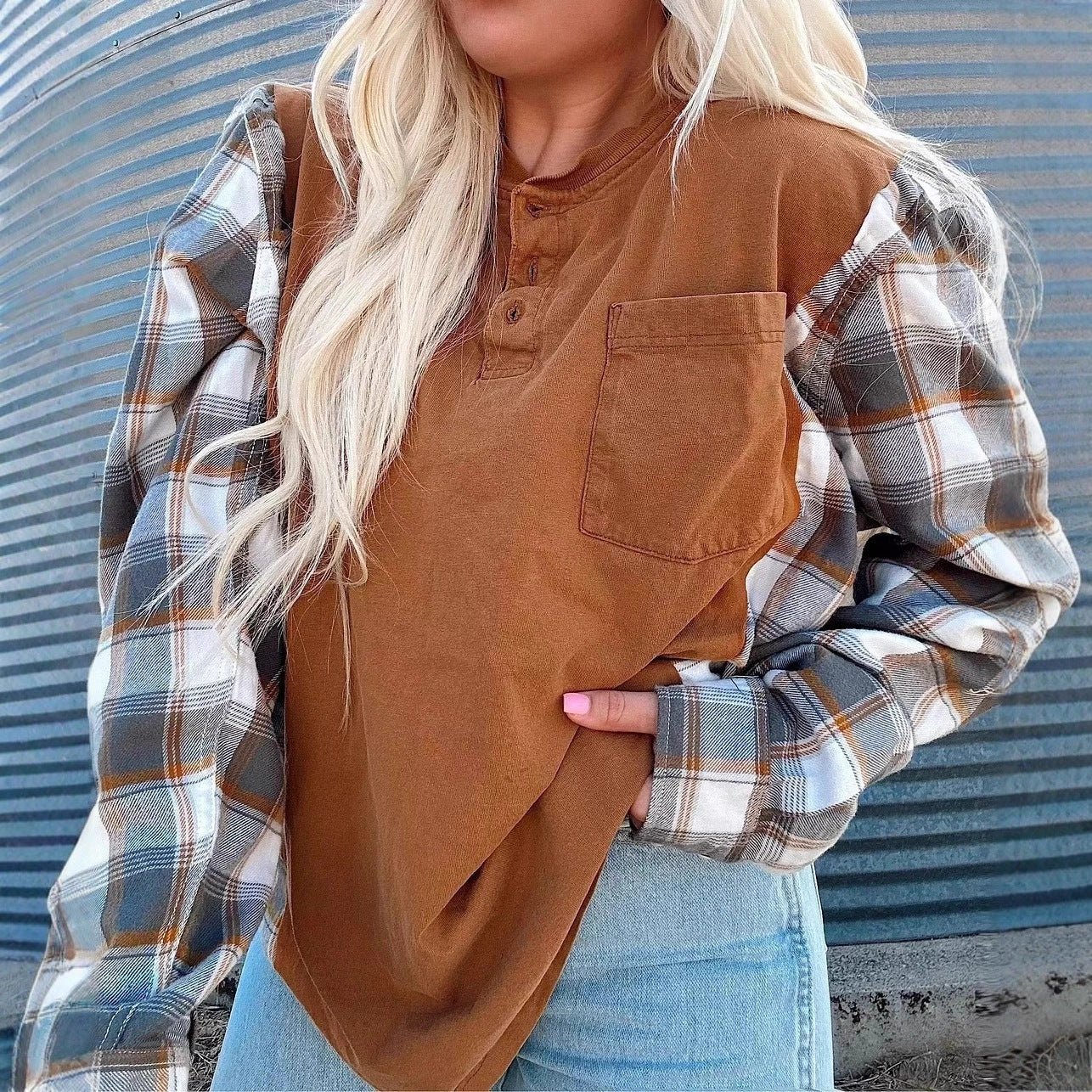 Damen Langarmshirt Karierte Ärmel Eveloria