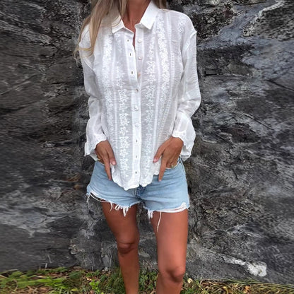 Damen Bluse Florale Stickerei Strukturiert Eveloria