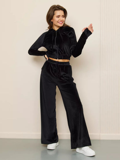 Damen Velours-Jogginganzug Cropped Kapuze Weite Passform