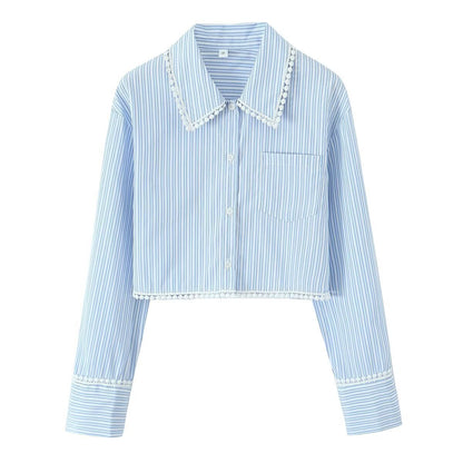 Damen Cropped Bluse Spitzenakzente Weiß