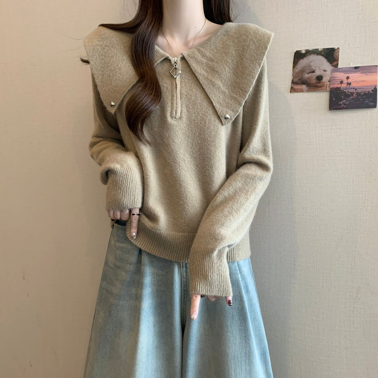 Damen Strickpullover Dekorativer Kragen Reißverschluss Eveloria