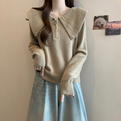 Damen Strickpullover Dekorativer Kragen Reißverschluss Eveloria