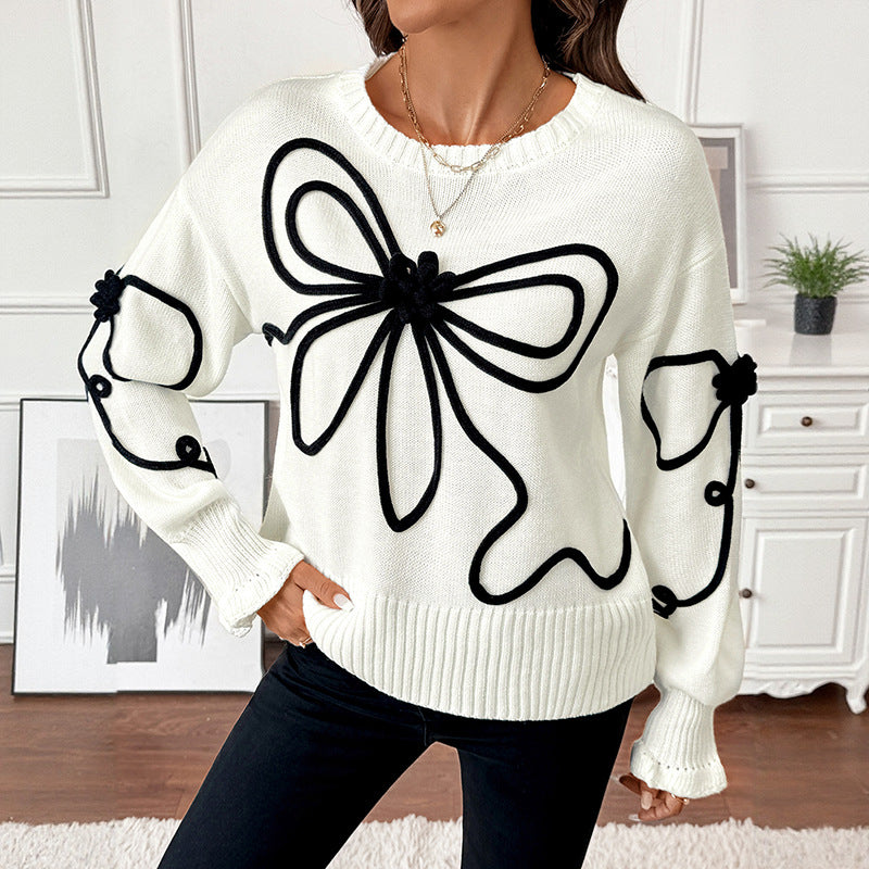 Damen Strickpullover Floral Hochkragen Beige