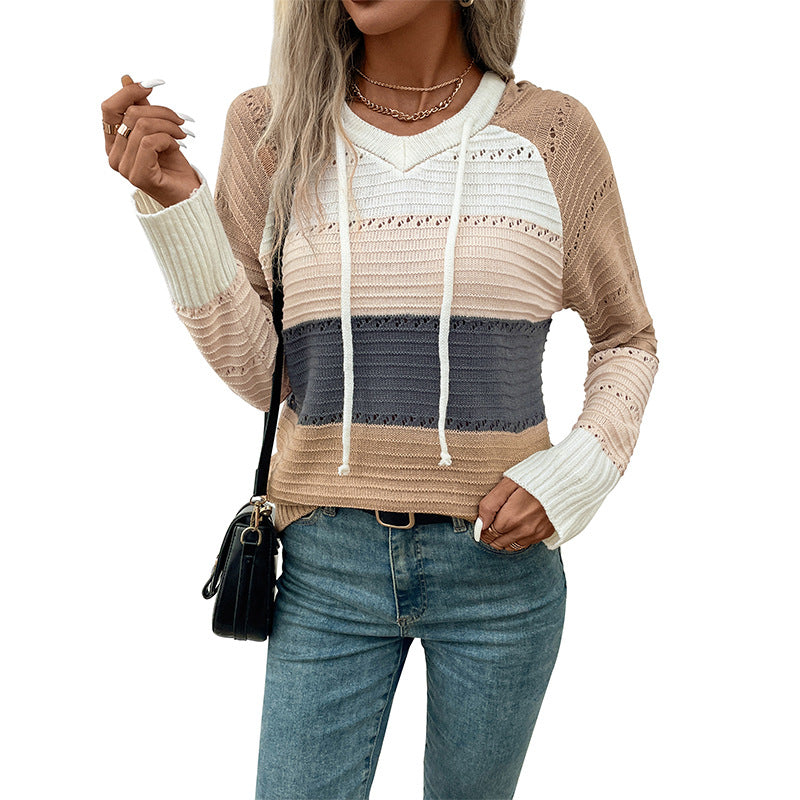 Damen Strickpullover Streifenmuster Kapuze