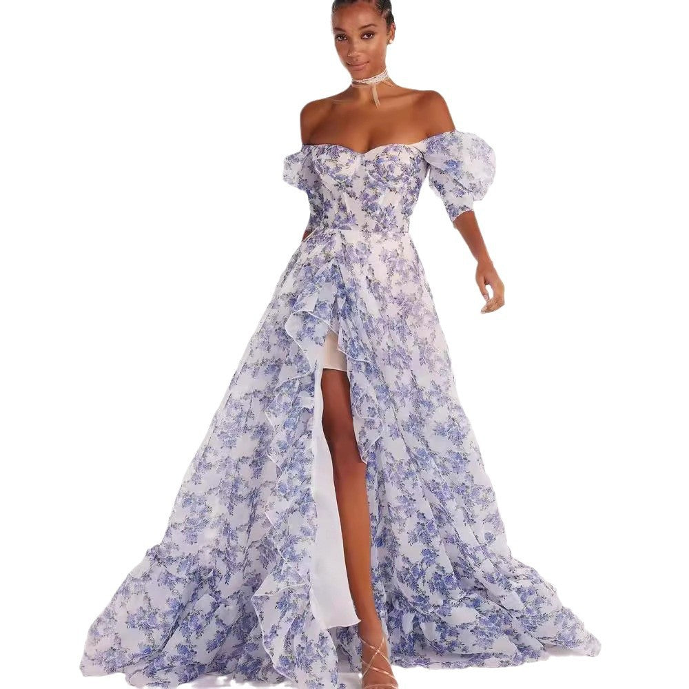 Damen Maxikleid Schulterfrei Florale Rüschendetails Eveloria