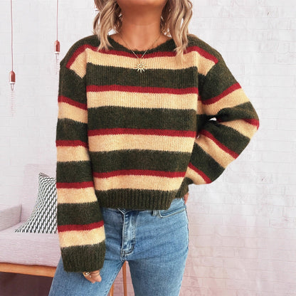 Damen Strickpullover Bunt Streifenmuster Breite Ärmel
