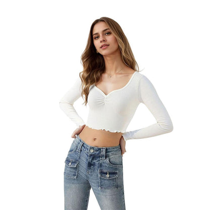 Damen Cropped Langarmshirt Rüschensaum