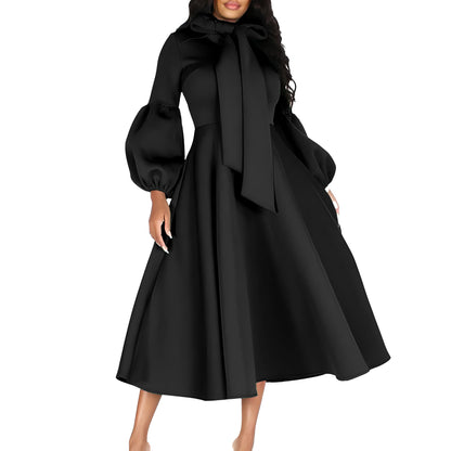 Damen Midi-Kleid Länge Knie, lange Puffärmel, elegante Schleife