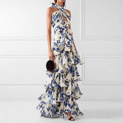Damen Maxikleid Rüschen Floral Schwarz Eveloria - Eveloria