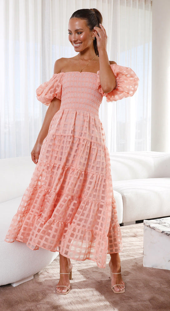 Damen Maxikleid Luftige Puffärmel Gerafftes Oberteil