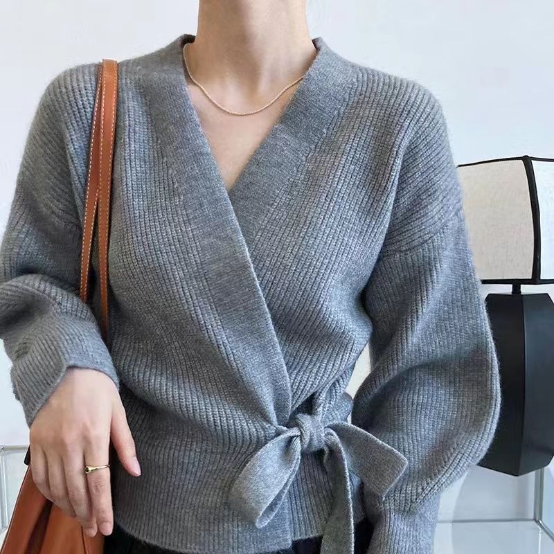 Damen Wickelpullover V-Ausschnitt Taillenzug Eveloria