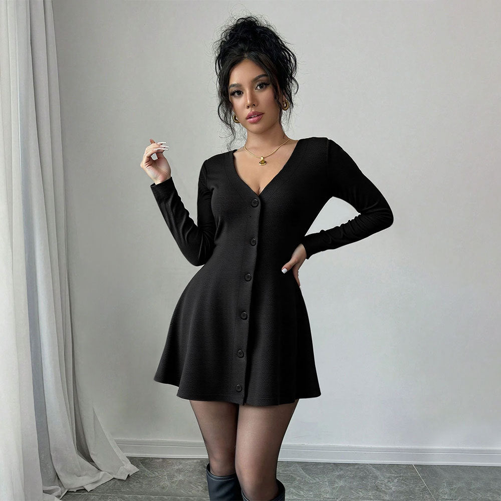 Damen Strickkleid Knielang V-Ausschnitt Knopfleiste Eveloria