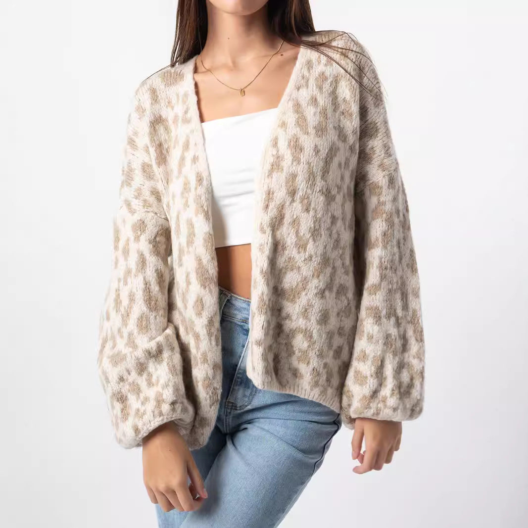 Damen Strickjacke Leopardenmuster Oversized Voluminöse Ärmel