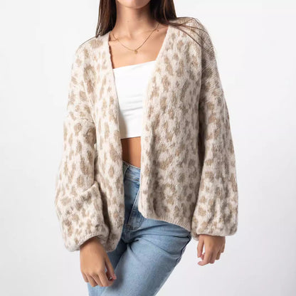 Damen Strickjacke Leopardenmuster Oversized Voluminöse Ärmel