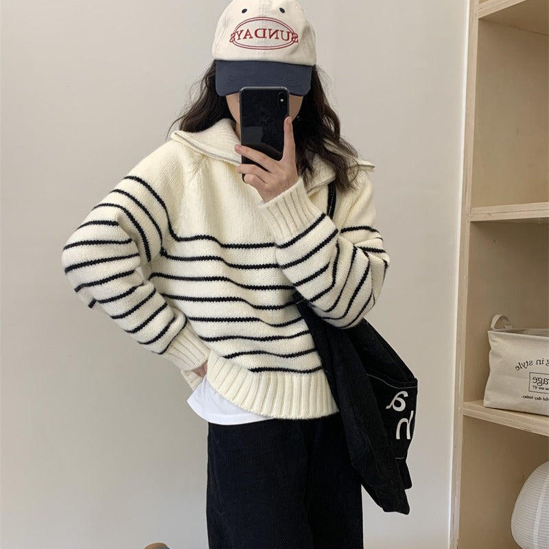 Damen Strickpullover Sportlicher Kragen Streifenmuster Eveloria