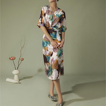 Damen Wickelkleid Kimono-Ärmel Taillengürtel Eveloria