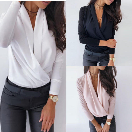 Damen Wickelbluse V-Ausschnitt Elegante Lange Ärmel Eveloria - Eveloria