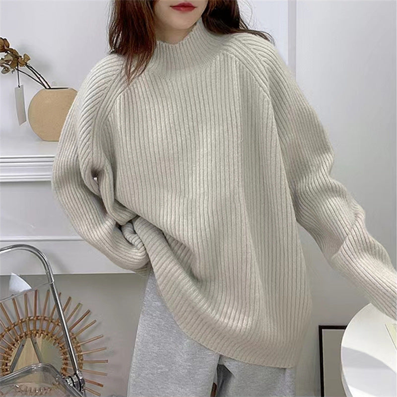 Damen Pullover Grobstrick Hohler Kragen Rippdesign Beige