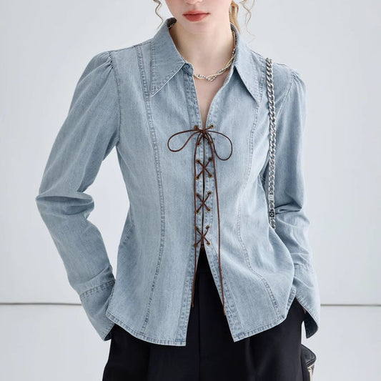 Damen Jeansbluse Geschnürtes Dekolleté Puffärmel Blau - Eveloria